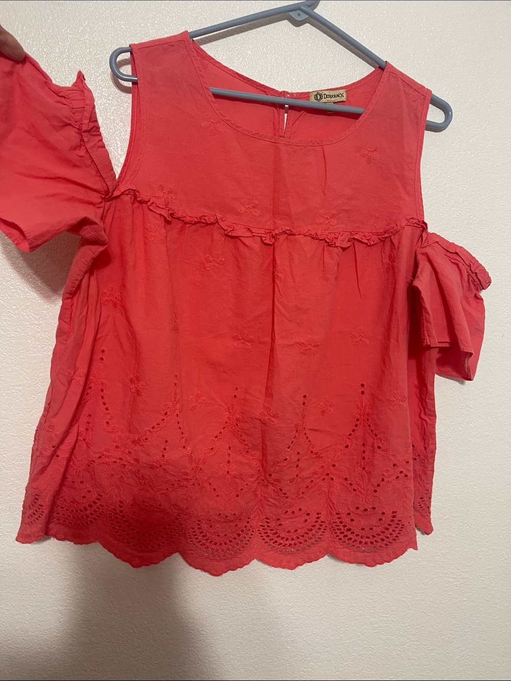 Dior Coral Eyelet Cold-Shoulder Blouse